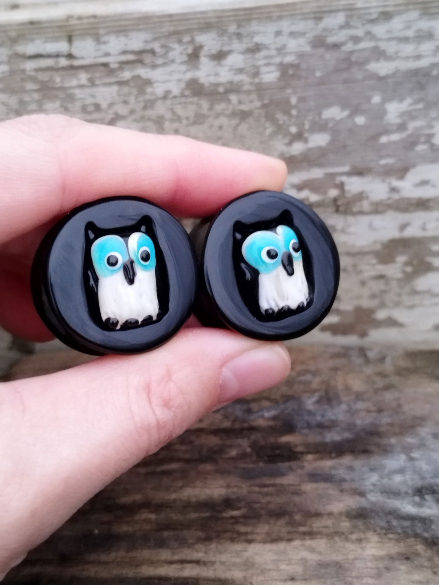 1" Obsidian and Glass Owl Inlay Plugs - aeoplugs