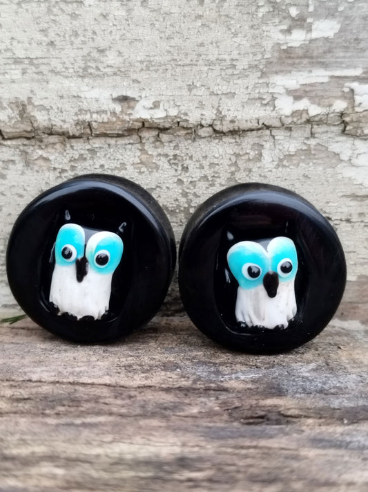 1" Obsidian and Glass Owl Inlay Plugs - AEOrganics