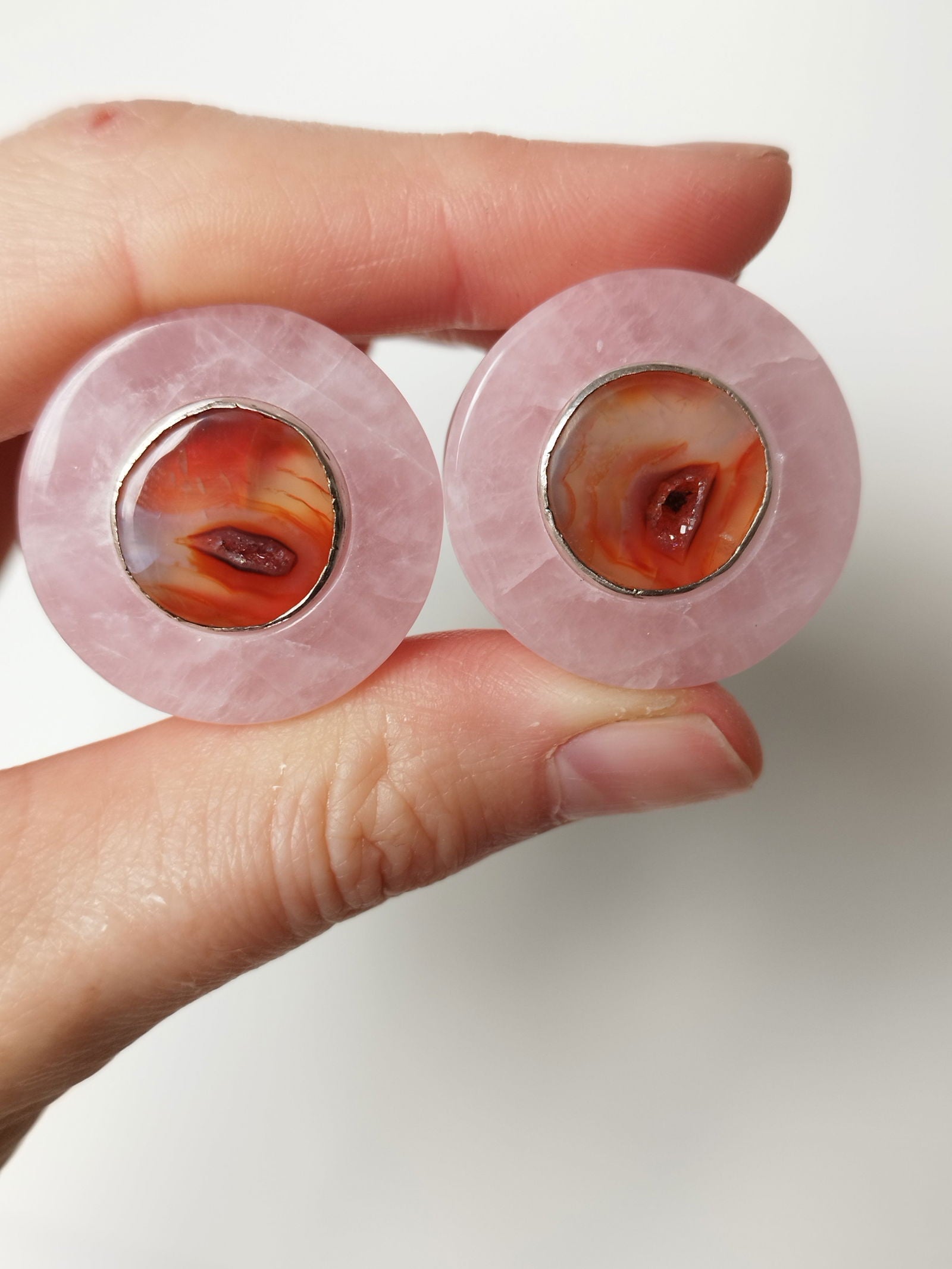 1 " Rose Quartz And Agate Geode Inlays - aeoplugs