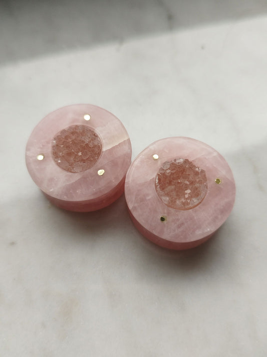 1" Rose Quartz, Brass And Pink Druzy Plugs - AEOrganics