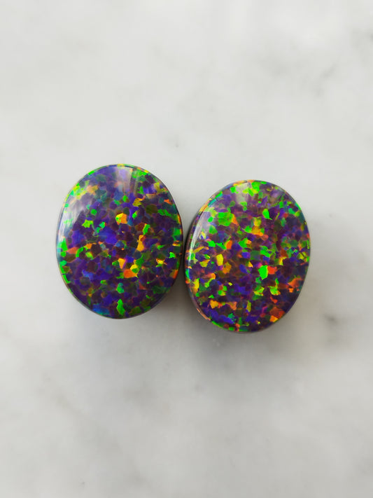 5/8" Oval Synthetic Opal And Obsidian Plugs