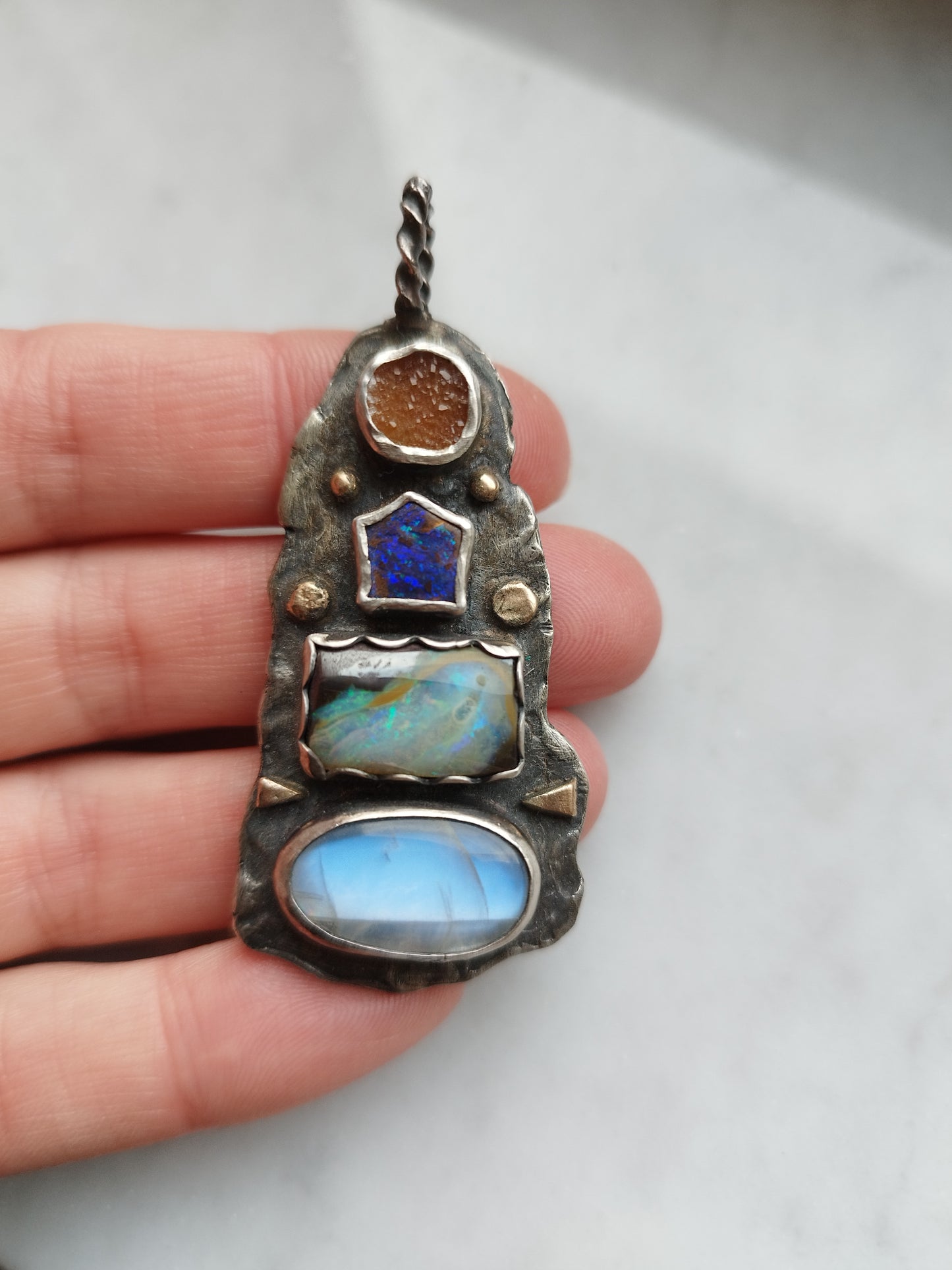 Opal, Moonstone, Carnelian, 14k Gold And Silver Pendant