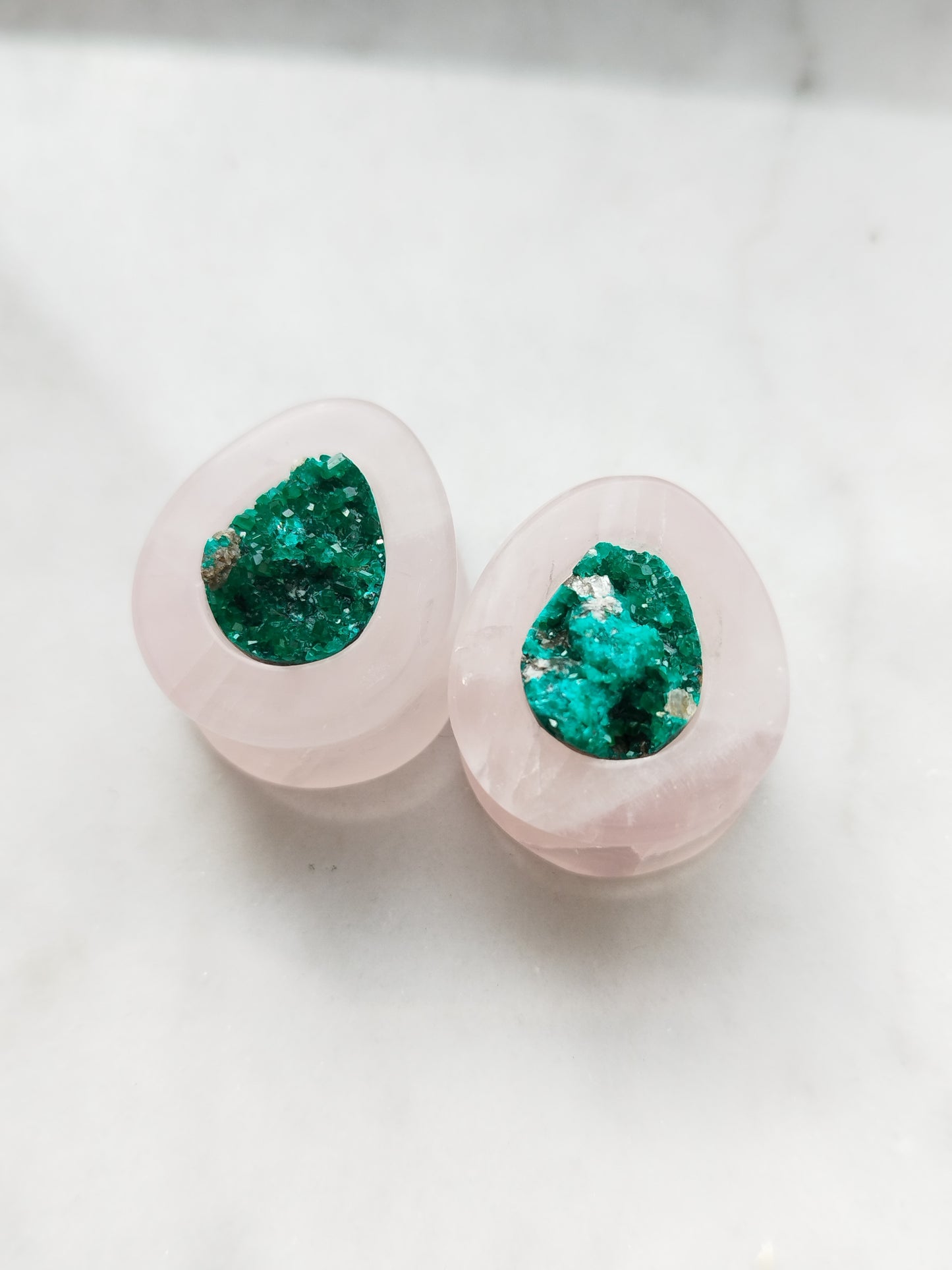 7/8" Rose Quartz And Dioptase Inlay Plugs