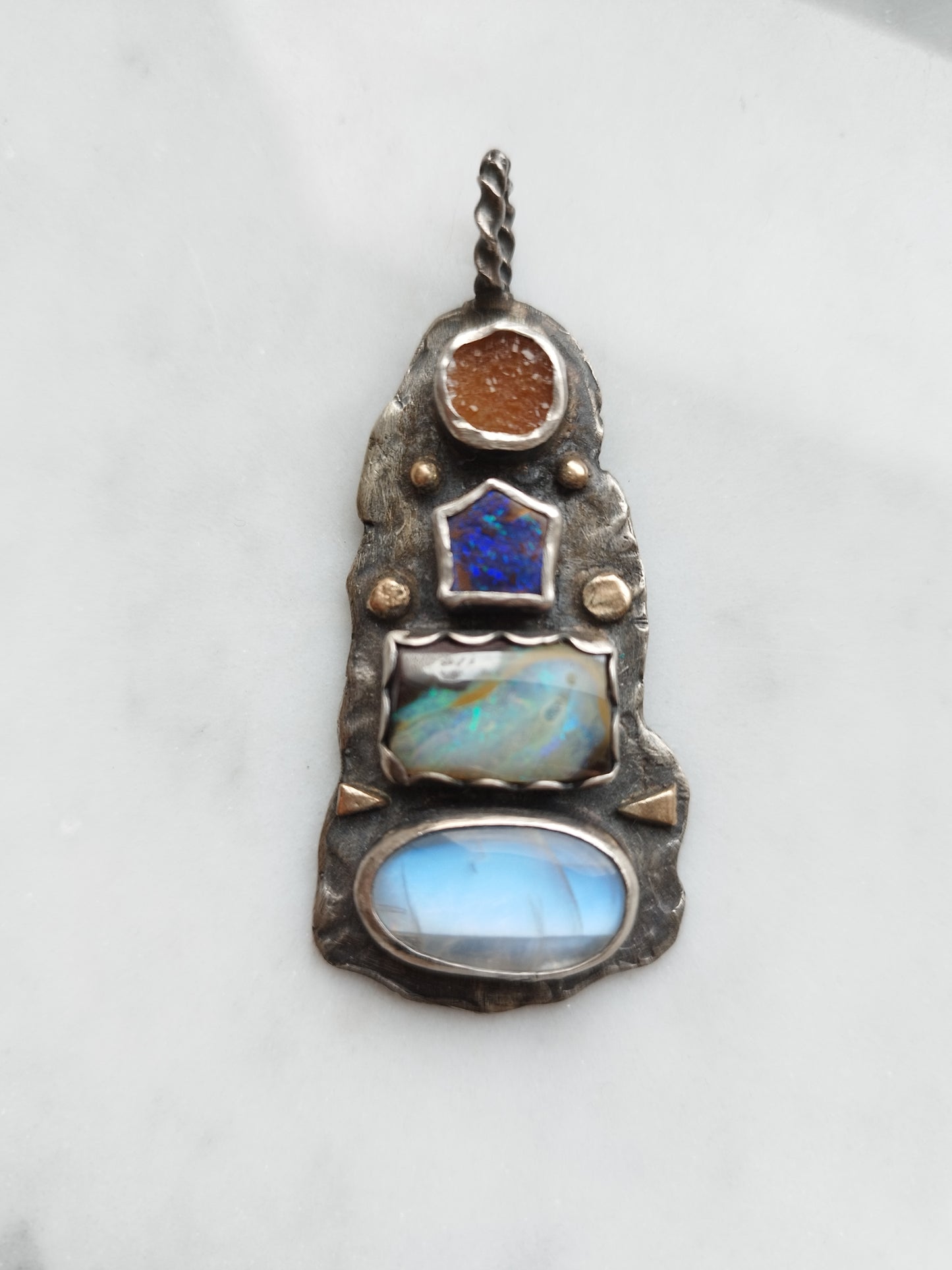 Opal, Moonstone, Carnelian, 14k Gold And Silver Pendant