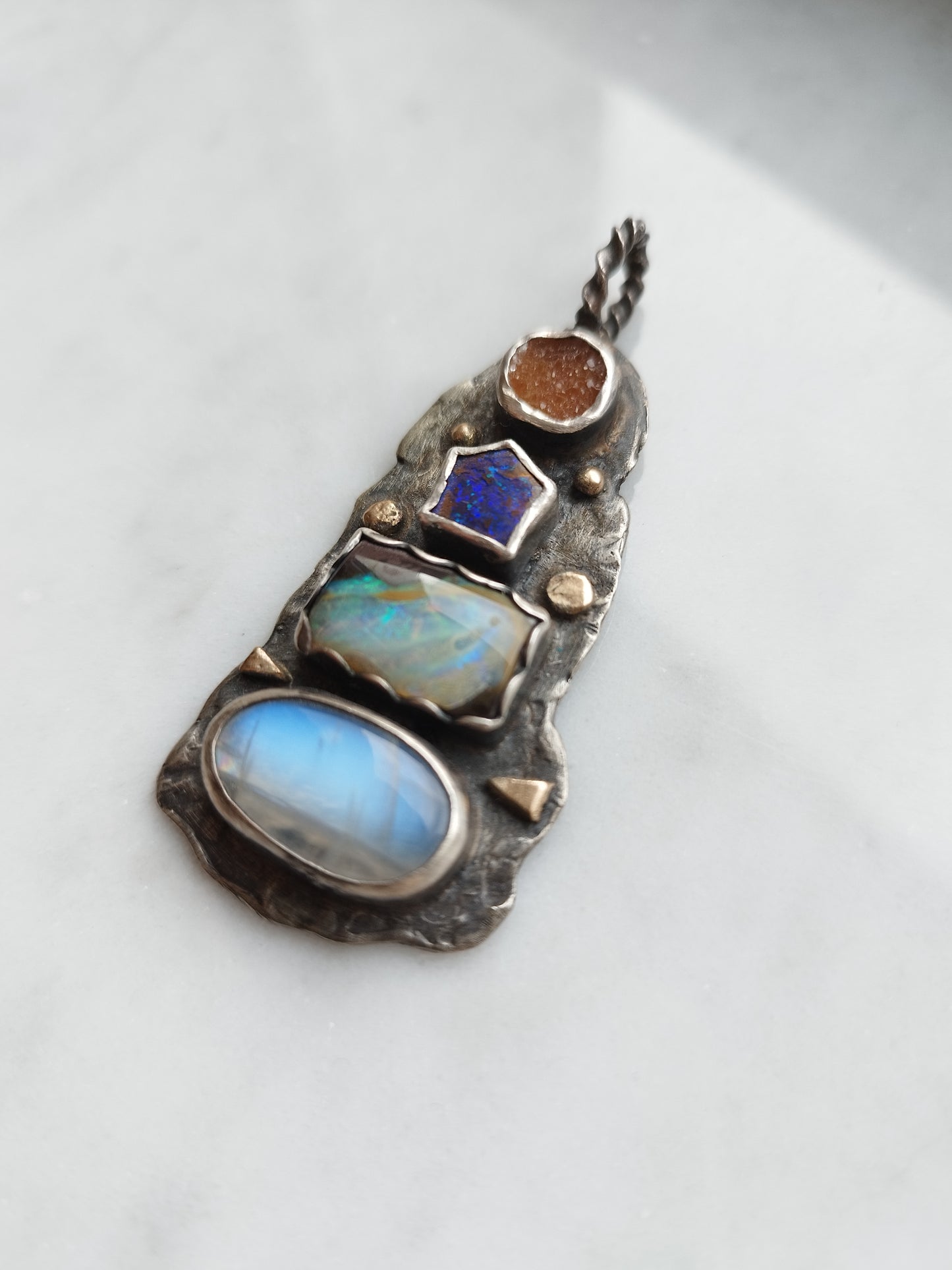 Opal, Moonstone, Carnelian, 14k Gold And Silver Pendant